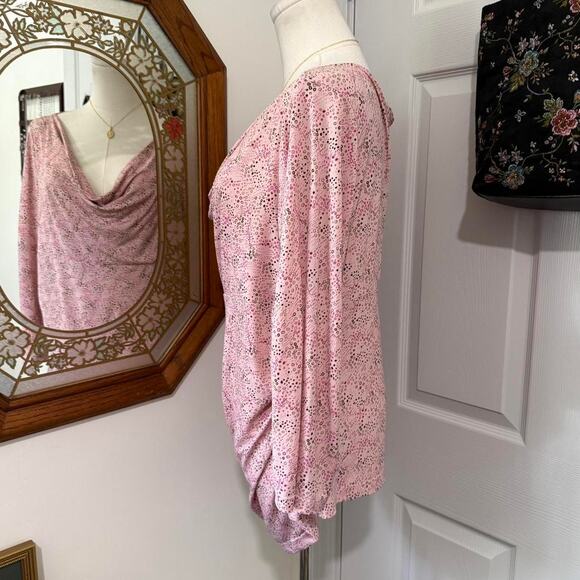 Mix It Pink & Brown Dotted Bubbly Pattern Cowl Neck Ruched Form Fitting Top XL - Picture 4 of 8